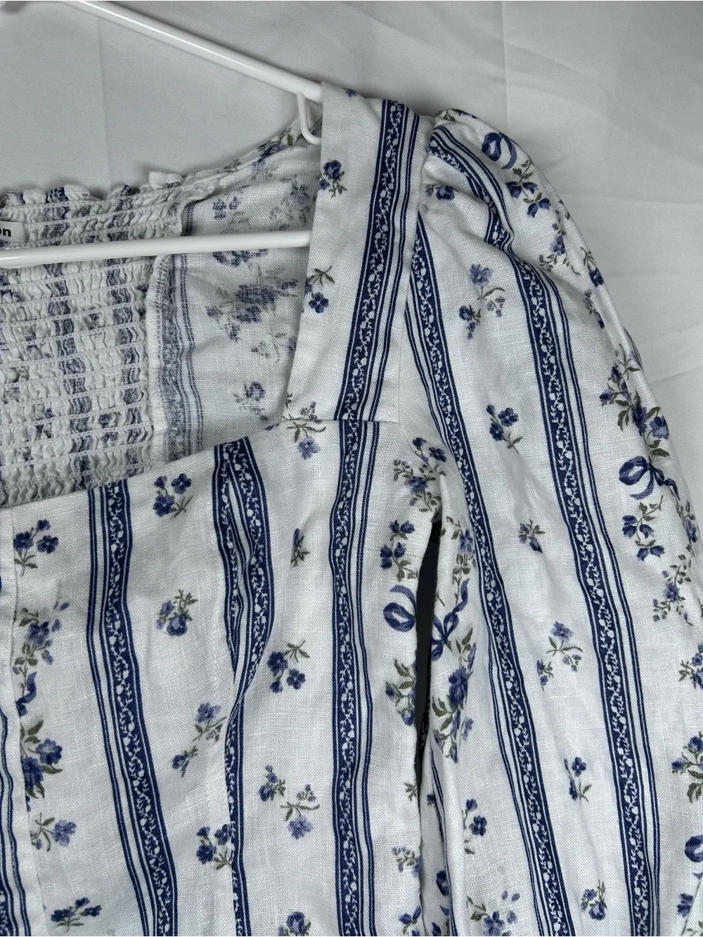 Reformation Floral Linen Crop Top Women’s Size 0 White Blue Sustainable
